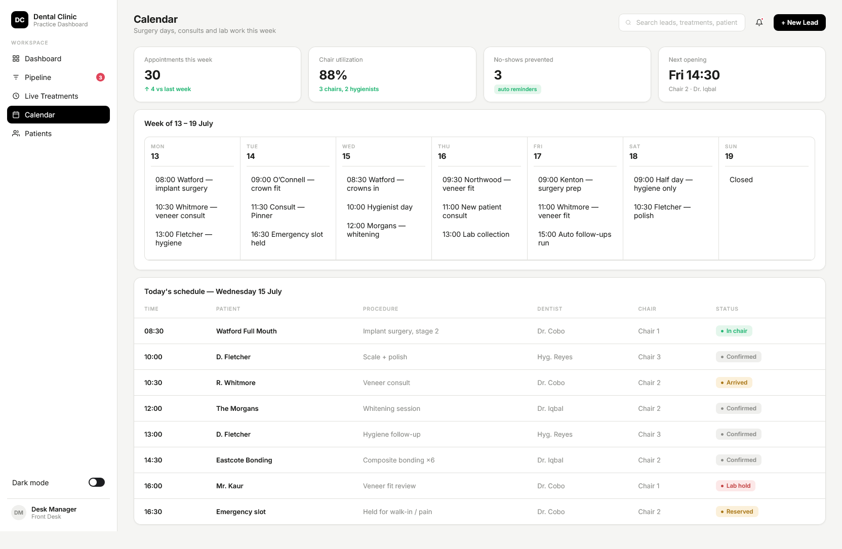 CRM weekly calendar and daily schedule