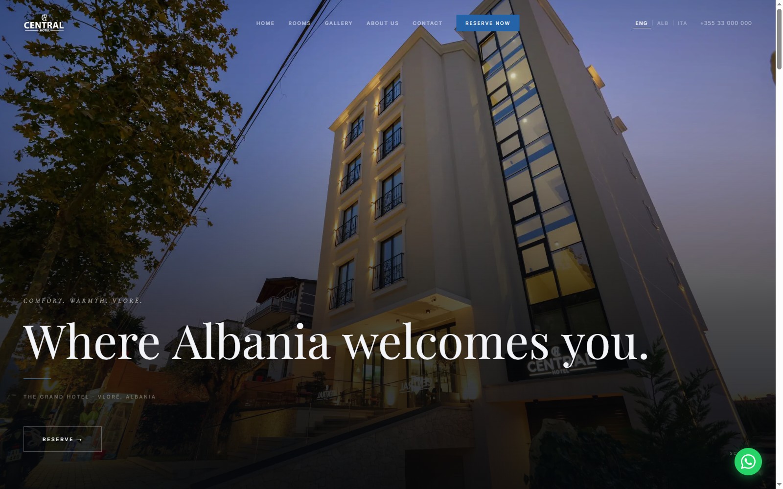 Central Hotel website hero screenshot