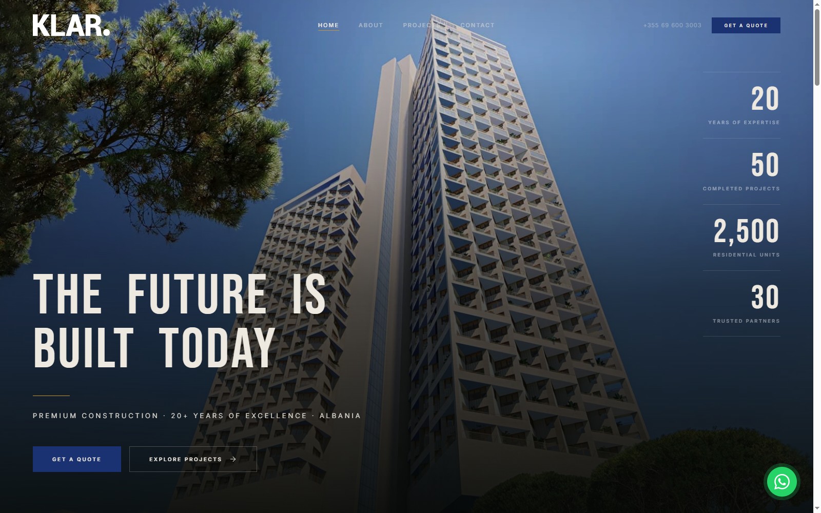 Klar Construction website hero screenshot