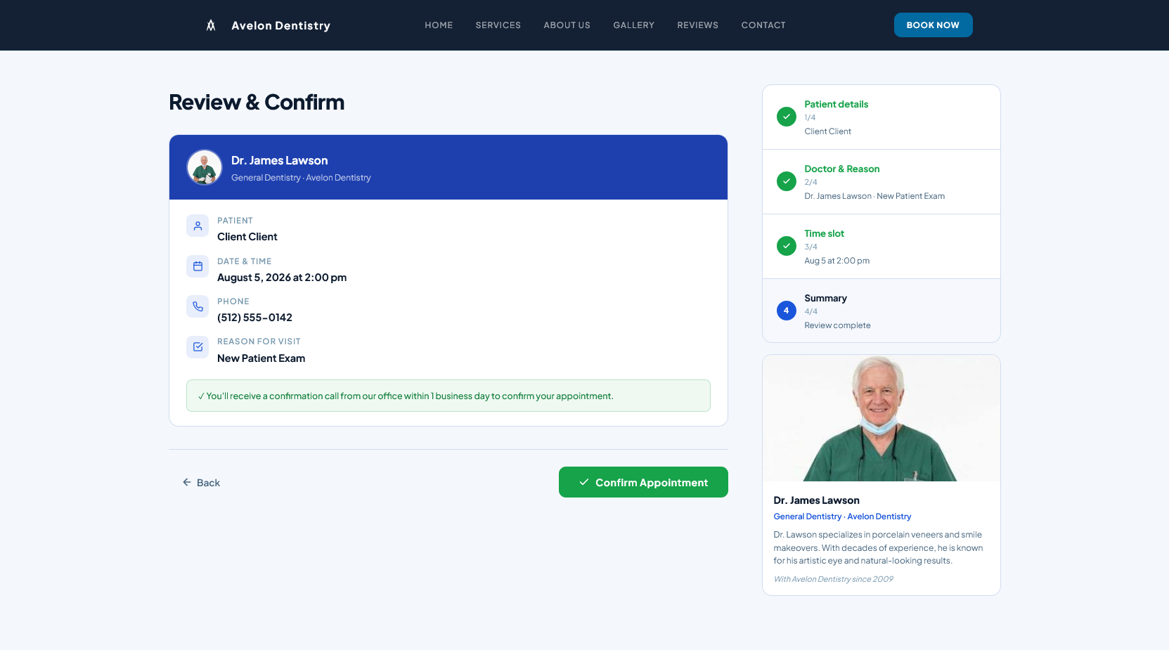 Avelon Dentistry live booking review and confirm step with doctor details