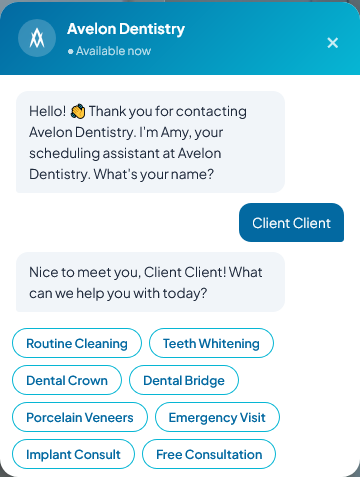 Avelon Dentistry live chatbot widget mid-conversation with treatment options